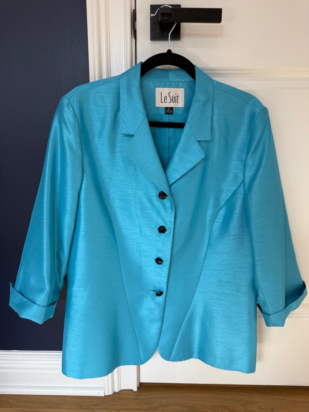Le Suit Bright Turquoise Satin Blazer Jacket